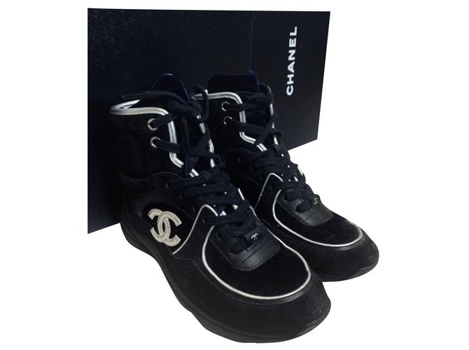 sneakers chanel Black Grey Navy blue Suede Leather Velvet  ref.242985