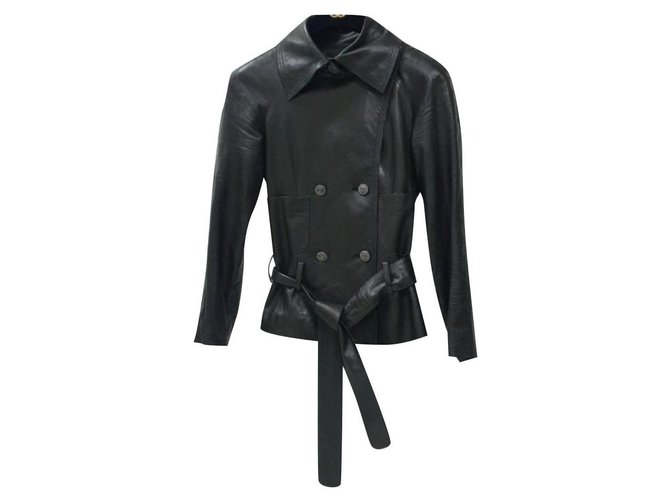 Chanel Chaqueta negra con cinturón de piel de cordero forrada en el pecho Negro Cuero  ref.243012