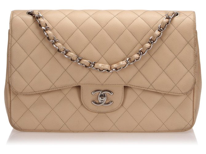 Chanel Brown Jumbo Classic Caviar Leather lined Flap Bag Beige Metal  ref.243095