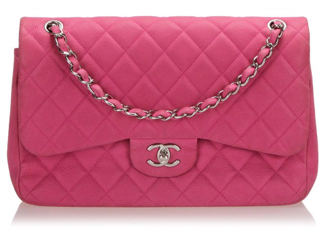 Bolsa com aba forrada em couro Chanel Pink Jumbo Classic Caviar Rosa Metal  ref.243162