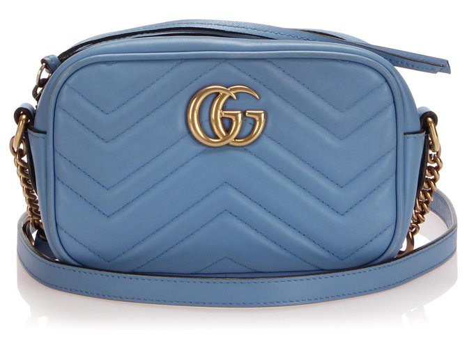 Gucci Blue Mini GG Marmont Leather Crossbody Bag Light blue Pony-style calfskin  ref.243174