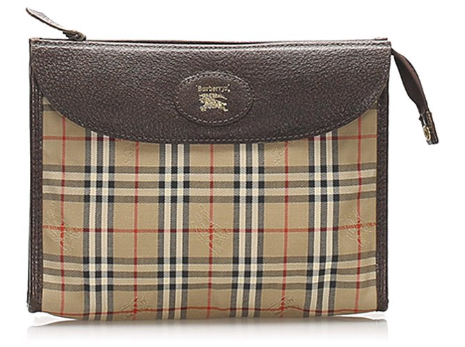 Burberry Brown Haymarket Check Canvas Pouch Multiple colors Beige Leather Cloth Pony-style calfskin Cloth  ref.243227