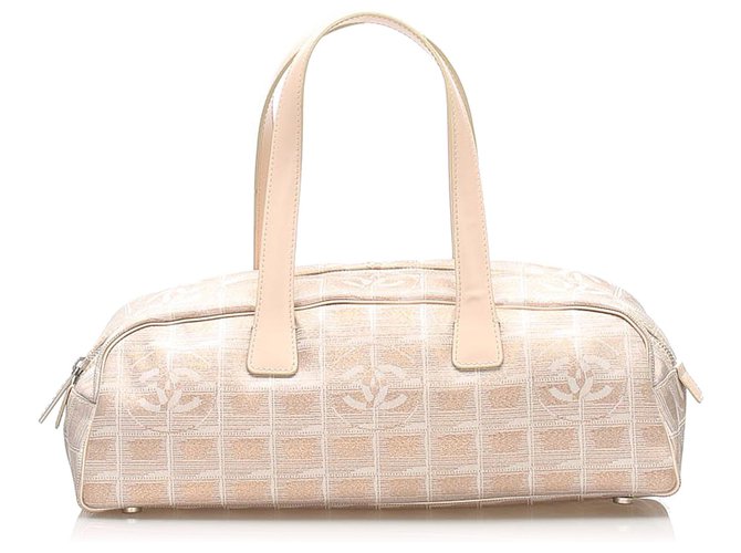 Chanel Brown New Travel Line Canvas Handbag White Beige Leather Cloth Pony-style calfskin Cloth  ref.243411