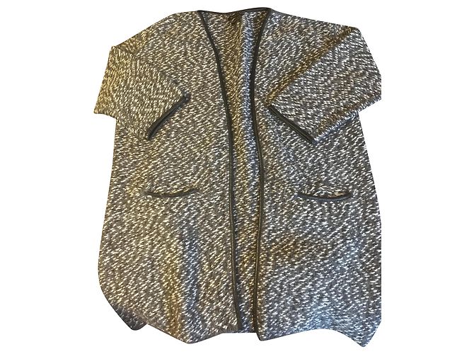 Massimo Dutti Heather grauer Mantel mit Lederrand
