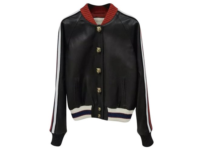 Gucci Black Leather Hollywood Embroidered Bomber Jacket S Gucci