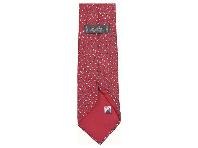 Corbata Hermès Tangram en sarga de seda Roja Gris  ref.243617