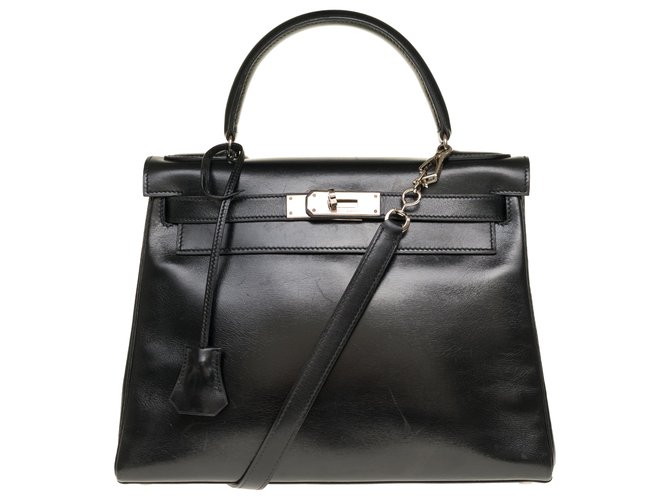 Splendid Hermès Kelly 28 with shoulder strap in black box leather, hardware in palladium silver metal  ref.243666