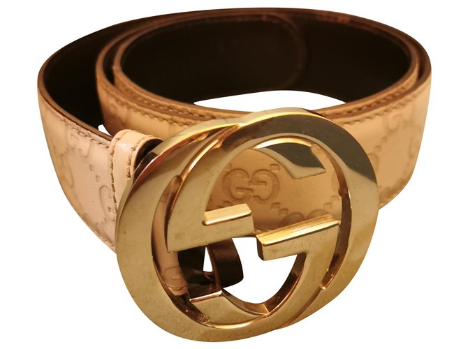 Gucci GG signature and buckle Beige Golden Leather  ref.243685