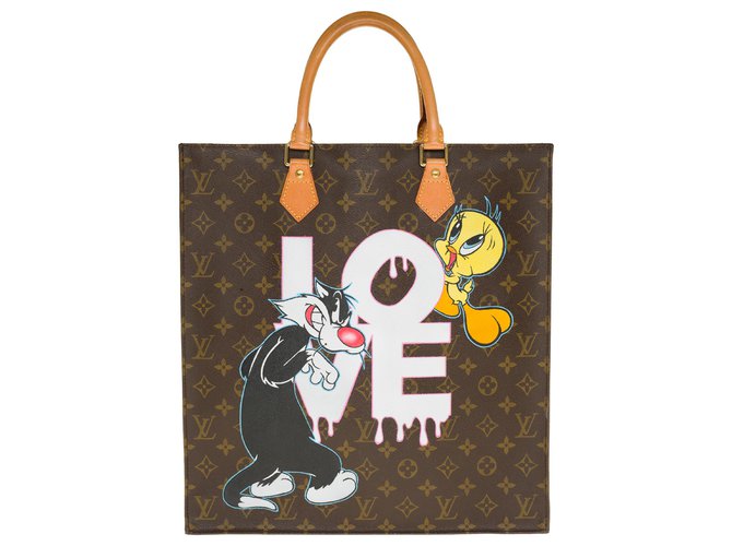 Louis Vuitton Plat handbag in custom monogram canvas "Love" by the artist PatBo Brown Leather Cloth  ref.243706