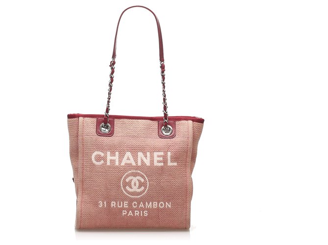 Chanel Pink Deauville Canvas Tote Bag Leather Cloth Pony-style calfskin Cloth  ref.243787