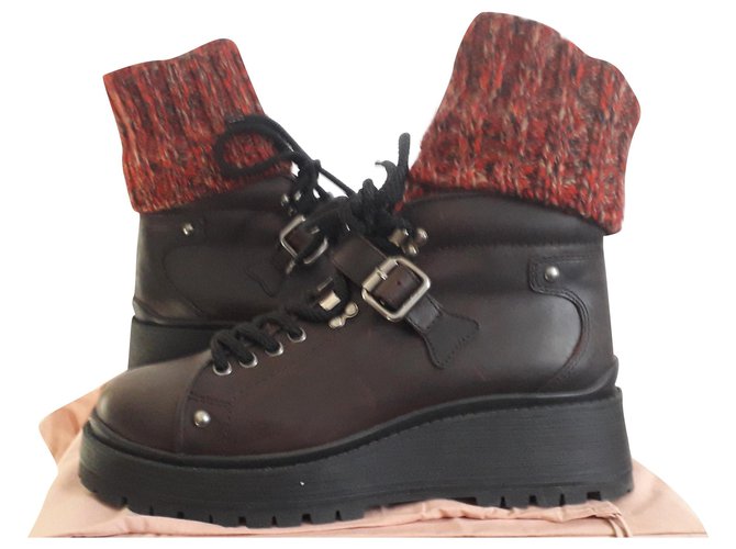 Miu Miu Pair of P ankle boots 42 IT Dark Leather ref.243802 Closet