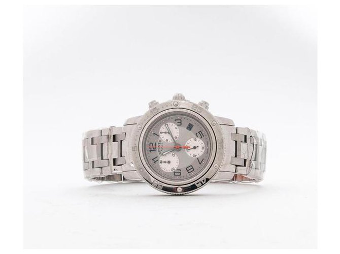 Hermès: “Clipper Diver Chronograph” watch in steel, silver dial 36MM, quartz Silvery  ref.243968