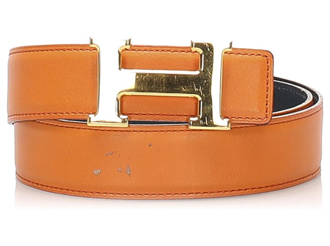 Hermès Cinturón de cuero Hermes Orange Constance Plata Naranja Metal Becerro  ref.244069