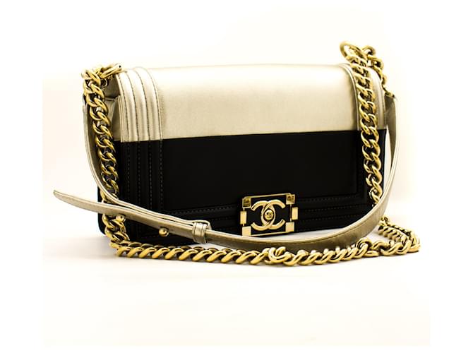 CHANEL Bicolor Medium Boy Flap Chain Shoulder Bag Black Gold Leather  ref.244191 - Joli Closet