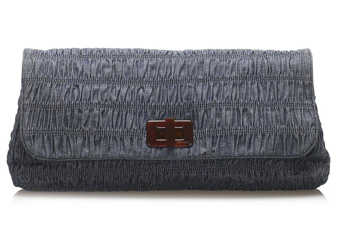 Prada Blue Gaufre Denim Clutch Bag Brown Cloth ref.244354 - Joli Closet