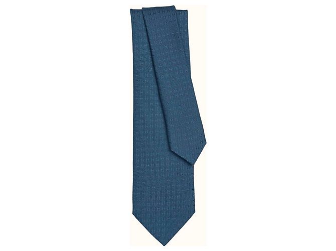 Cravatta Hermès Façonnée H in seta blu e verde chiaro