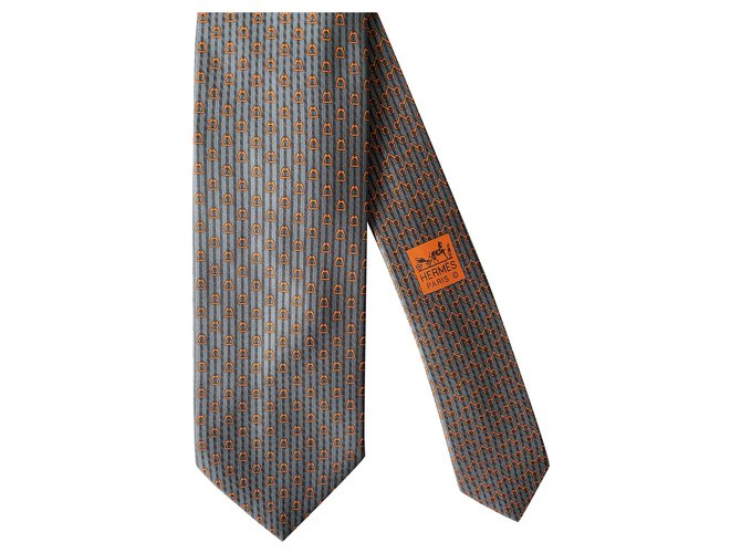 Hermès Krawatte “Eliane Equestre” Orange Grau Seide  ref.244468