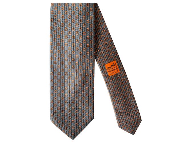 Hermès Cravate “Eliane Equestre” Orange Gris