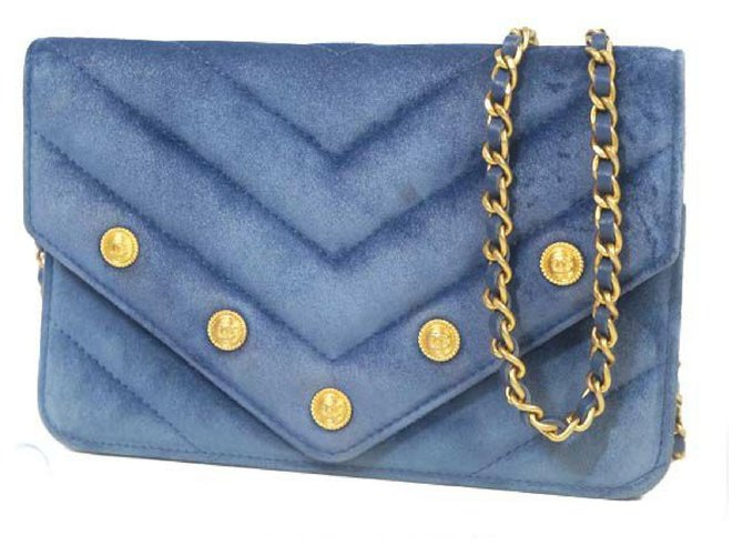 CHANEL V stitch chain Wallet stats Womens long wallet blue x gold hardware Suede  ref.244607