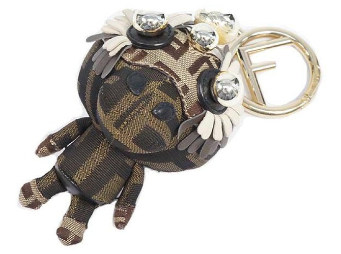 FENDI Zucca Space Monkey bag charm key holder khaki x brown x beige Leather Cloth ref.244617 Joli Closet