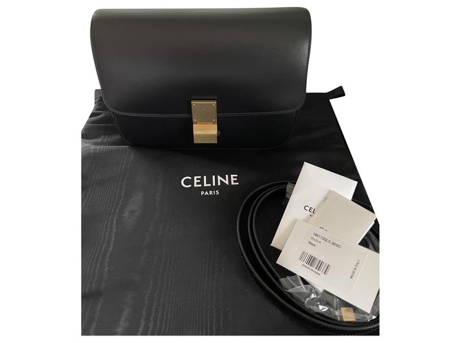 Classic Box Céline Caja clásica mediana Celine Negra Negro Cuero  ref.244726