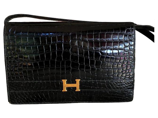 Bolsa Hermès Annie Haute Couture em pele de crocodilo preta Preto
