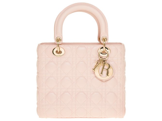 Splendida borsa a tracolla Christian Dior Lady Dior modello medio in pelle cannage rosa confetto, finiture in metallo champagne  ref.269462