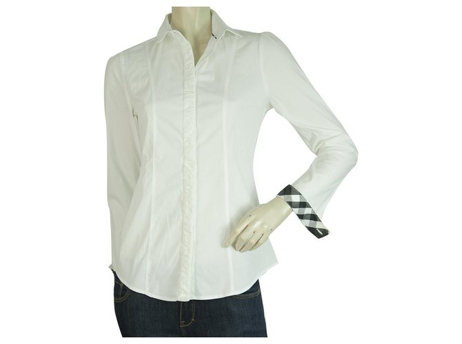 Burberry London Camicetta camicia button down con finiture a quadri bianchi e neri UK 6, US 4 Bianco Cotone  ref.245002