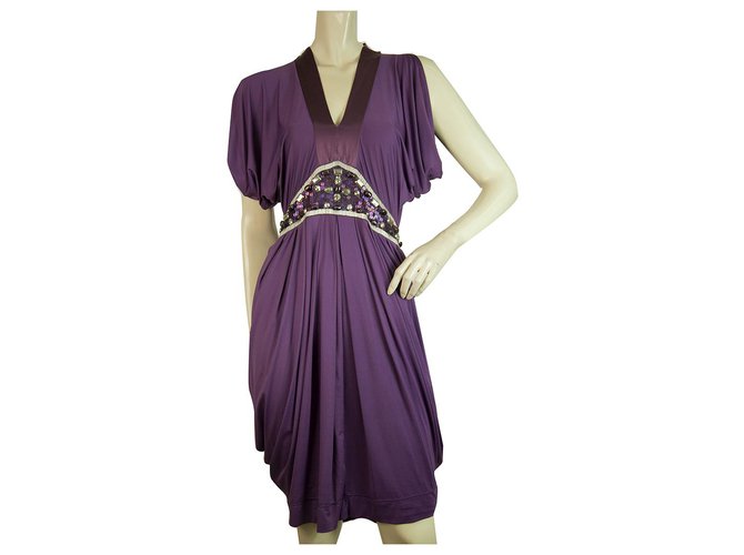 Pinko Purple Draped Empire Waist Beads Sequins Robe au genou sans manches sz L Polyamide Violet  ref.245043