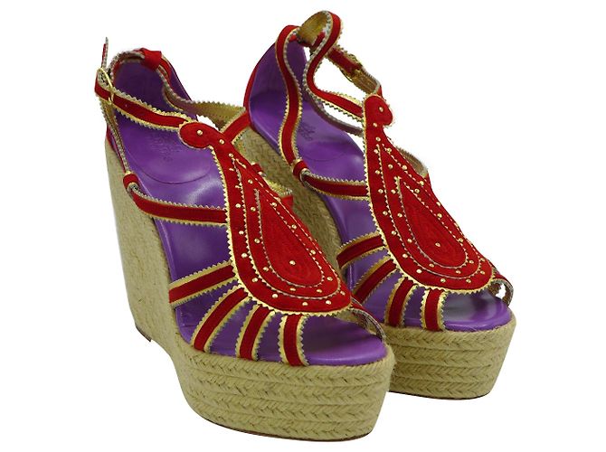 Sandali Espadrillas con Zeppa Hermès Camoscio Viola e Rosso Multicolore