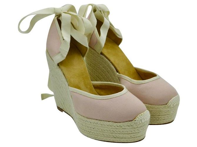 Hermès Pink and Beige Canvas Platform Wedge Espadrilles