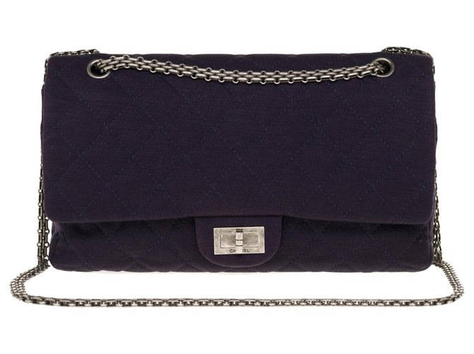 Bolsa esplêndida Chanel 2.55 Jumbo em jérsei acolchoado azul marinho, acabamento de metal prateado enegrecido Algodão  ref.245164