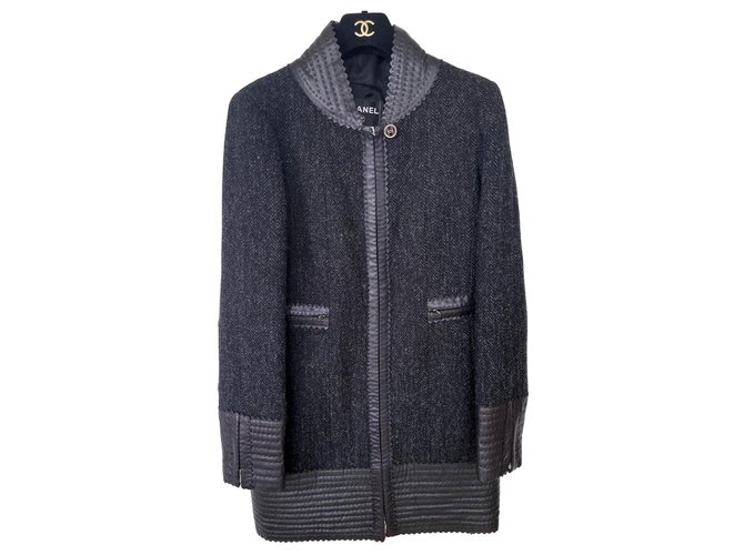 Chanel abrigo / chaqueta con ribete de cuero Multicolor Lana  ref.245309