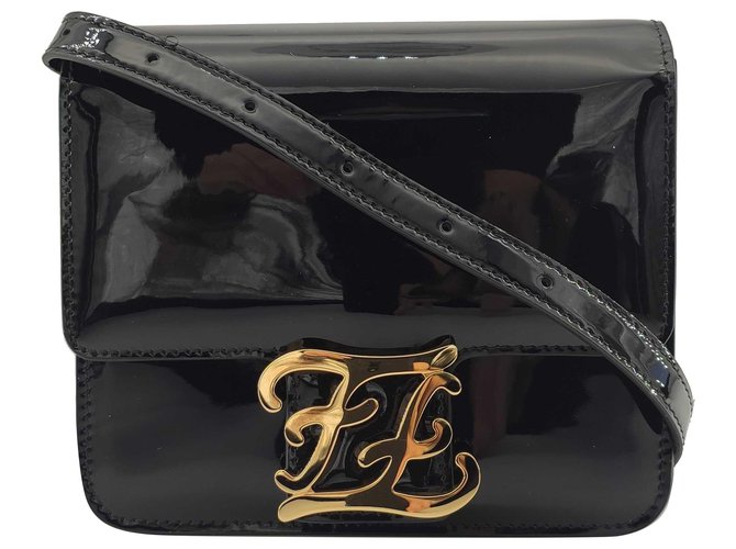 Fendi, Kaligraphy shoulder bag in patent leather Black  ref.245482