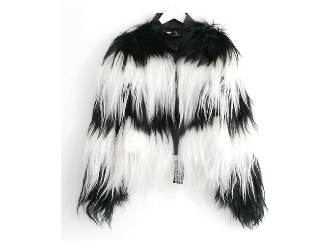 Valentino Black/White Stripe Mongolian Goat Fur & Leather Coat