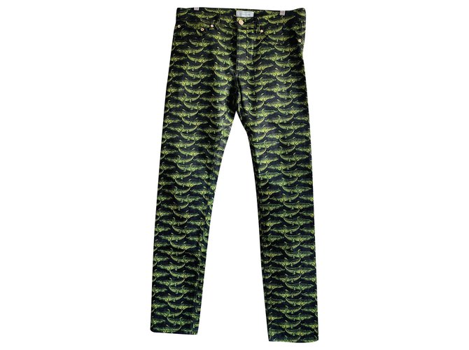 Versace For H&M Pantaloni Nero Verde Verde scuro Cotone Elastan  ref.245509