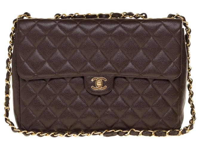 Superb Chanel Timeless jumbo handbag in brown caviar leather, garniture en métal doré  ref.245535