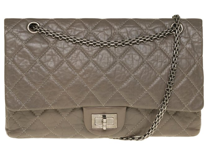 Chanel Splendid Handbag 2.55 jumbo in gray quilted leather with aged effect, matt silver metal trim Grey  ref.245538
