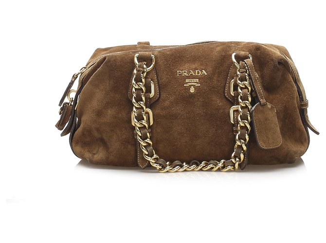 Prada Brown Suede Chain Shoulder Bag Golden Leather  - Joli Closet
