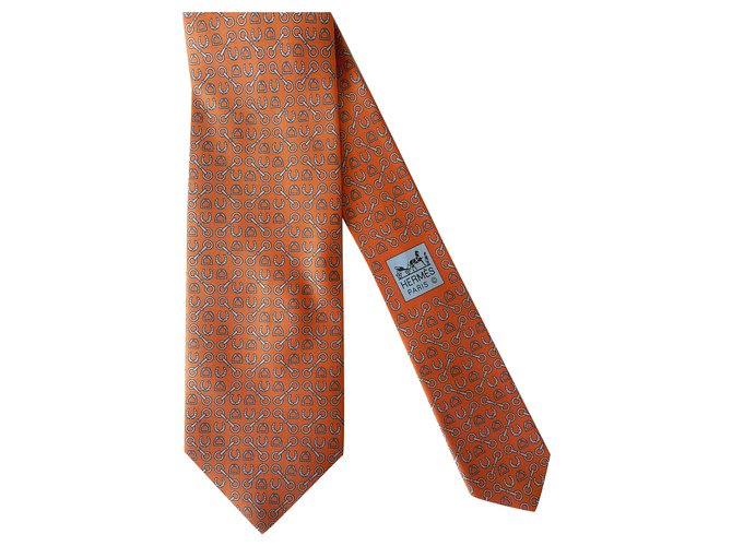 Hermès Cravate Glücksbringer Orange Grau Seide  ref.246194