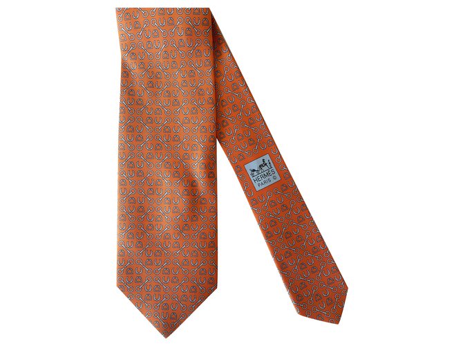 Hermès Cravate Lucky Charms Laranja Cinza Seda  ref.246194