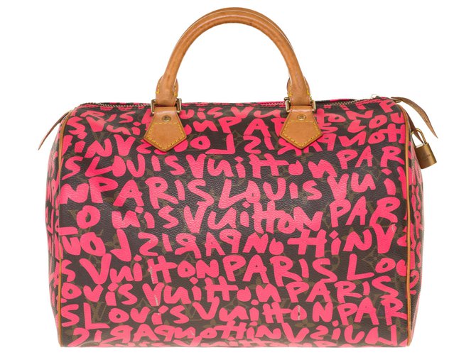 Seltene Louis Vuitton Speedy Handtasche 30 limitierte Auflage "Graffiti" von Stephen Sprouse Braun Pink Leder Leinwand  ref.246217