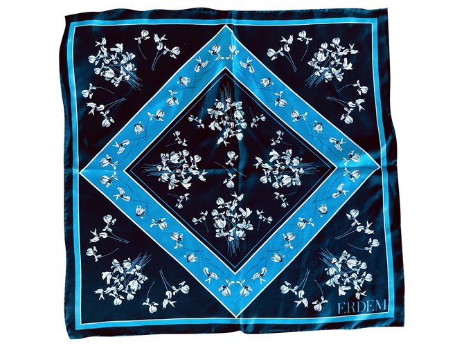 ERDEM x H&M Floral Silk Scarf Foulard Branco Azul Azul claro Seda  ref.246554