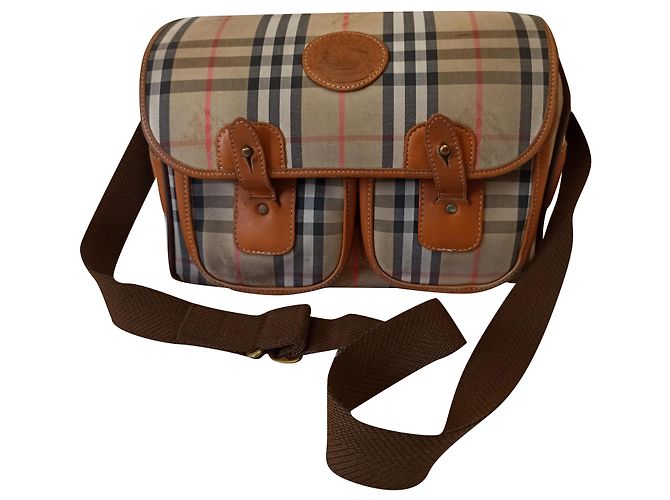 Bolsa de ombro Burberry preta de couro e tecido Preto Vermelho Bege Fora de branco Castanho claro