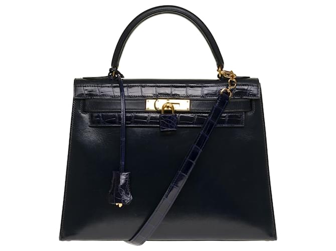 Exceptional and Unique Hermès Kelly 28 shoulder strap in navy box leather customized with navy blue Porosus crocodile, gold plated metal trim Exotic leather  ref.246711