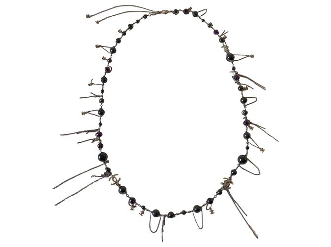 Chanel Long necklaces Black Silvery Purple Metal  ref.246713