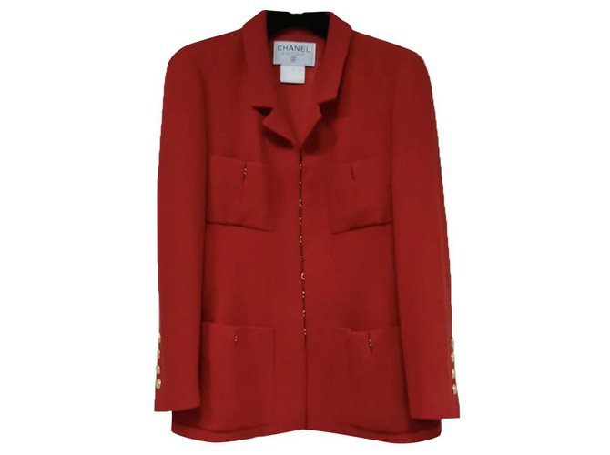 CHANEL Vintage Red Wool Long Jacket Blazer CC Button Sz.42 Dark red  ref.246996