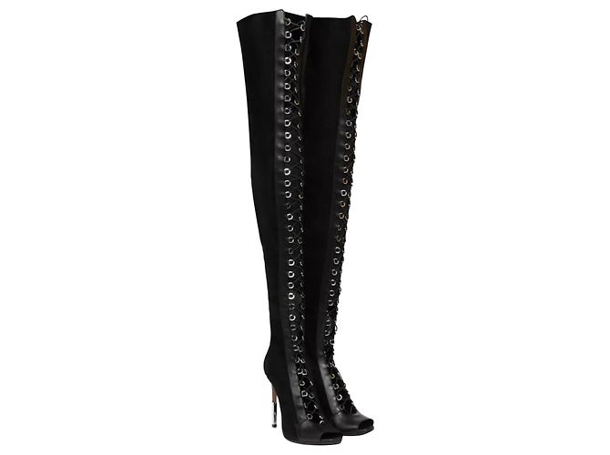 Balmain Campbell lace-up leather-trimmed stretch-suede thigh boots