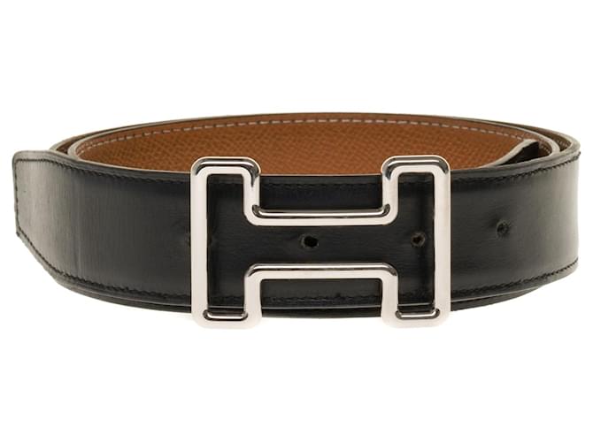 Hermès Cinturón de hermes 32mm en cuero negro caja reverso y oro courchevel, Hebilla Tonight en metal plateado paladio Dorado  ref.247302
