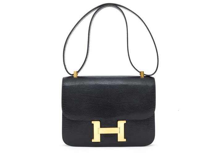 Hermès CONSTANCE LIZARD BLACK Cuirs exotiques Noir Bijouterie dorée  ref.247395